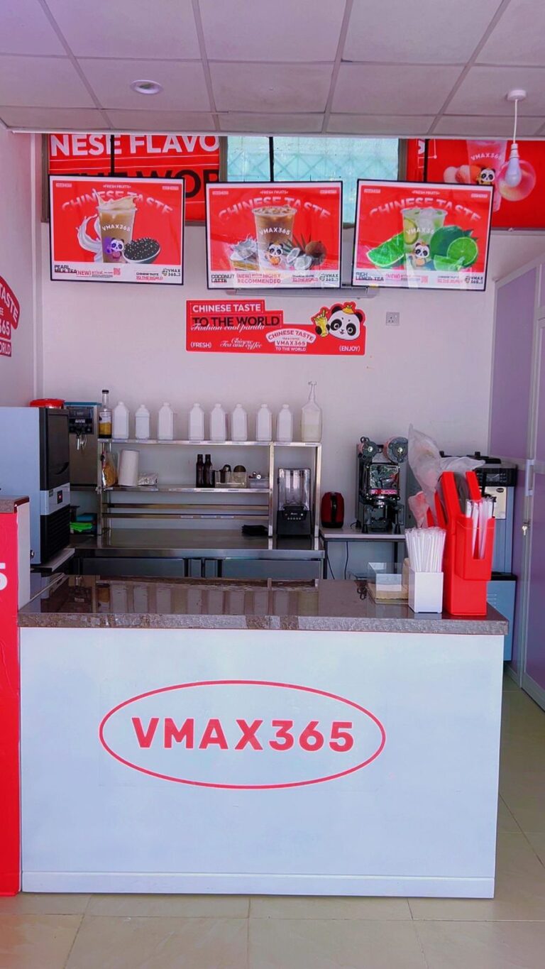 VMAX365 branded order counter with bubble tea and smoothie menu, Mbezi Beach, Dar es Salaam