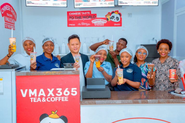 VMAX365 Tea & Coffee staff celebrating at the Shamo Tower outlet, Mbezi Beach