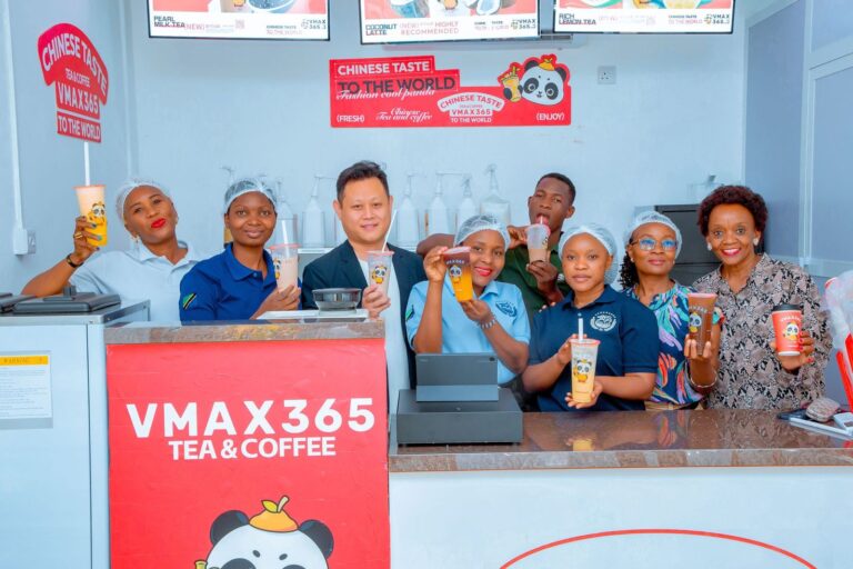 The full VMAX365 Tea & Coffee team behind the counter at Shamo Tower, Mbezi Beach, Dar es Salaam